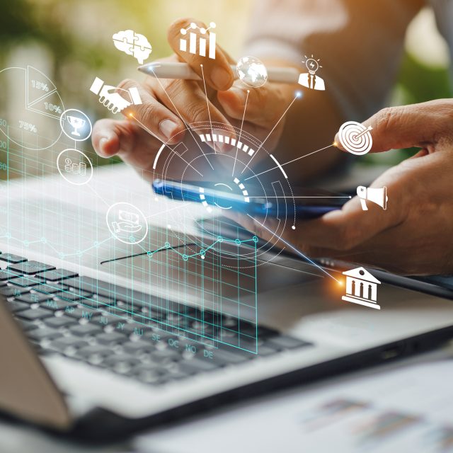 Businessman working on project for SWOT analyzing company financial report balance with augmented reality graphics at modern office space. Concept for business, economy, marketing and strategy.